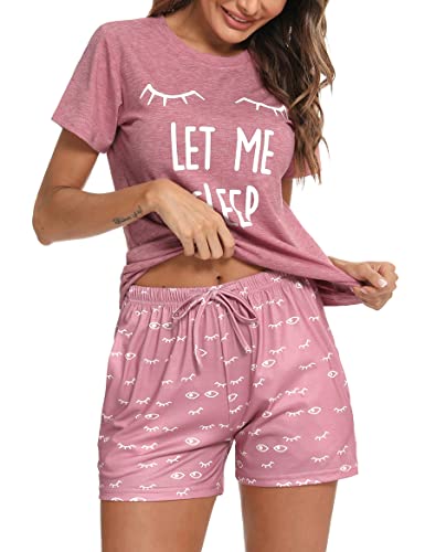 Uniexcosm Schlafanzug Damen Kurz Baumwolle Zweiteiliger Pyjama Set Kurzarm Nachtwäsche Wimperndruck Sleepwear Hausanzug Loungewear Stil 1:Rosa S von Uniexcosm