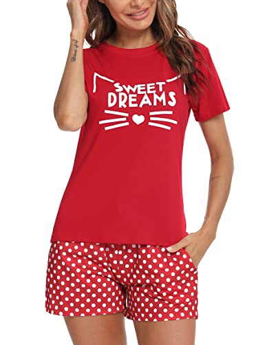 Uniexcosm Schlafanzug Damen Kurz Baumwolle Zweiteiliger Pyjama Set Kurzarm Nachtwäsche Wimperndruck Sleepwear Hausanzug Loungewear Stil 1:Rot M von Uniexcosm