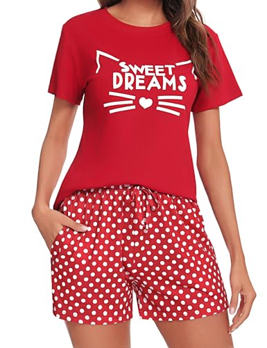 Uniexcosm Schlafanzug Damen Kurz Baumwolle Zweiteiliger Pyjama Set Kurzarm Nachtwäsche Wimperndruck Sleepwear Hausanzug Loungewear Stil 1:Rot XXL von Uniexcosm