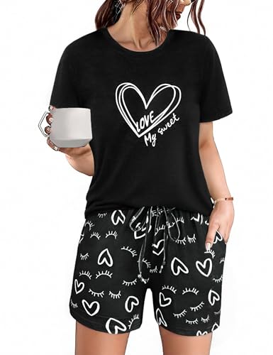 Uniexcosm Schlafanzug Damen Kurz Baumwolle Zweiteiliger Pyjama Set Kurzarm Nachtwäsche Wimperndruck Sleepwear Hausanzug Loungewear Stil 1:Schwarz-1 S von Uniexcosm