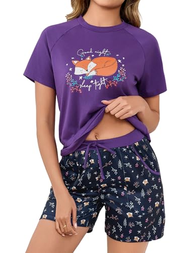 Uniexcosm Schlafanzug Damen Kurz Pyjama Set Baumwolle Zweiteiliger Kurzarm Nachtwäsche Raglanärmel Sleepwear und Karierte Pyjamahose Loungewear Hausanzug A:Fuchsdruck XXL von Uniexcosm
