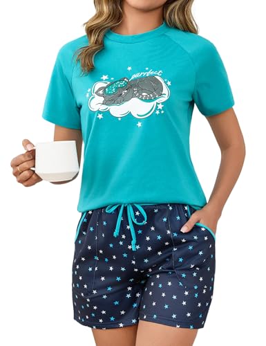 Uniexcosm Schlafanzug Damen Kurz Pyjama Set Baumwolle Zweiteiliger Kurzarm Nachtwäsche Raglanärmel Sleepwear und Karierte Pyjamahose Loungewear Hausanzug A:Katzendruck XL von Uniexcosm