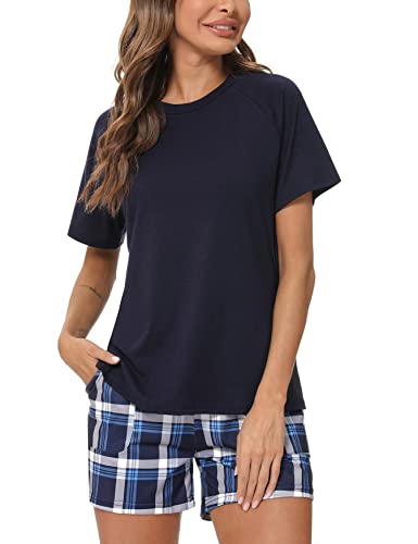 Uniexcosm Schlafanzug Damen Kurz Pyjama Set Baumwolle Zweiteiliger Kurzarm Nachtwäsche Raglanärmel Sleepwear und Karierte Pyjamahose Loungewear Hausanzug Stil 1:Marineblau M von Uniexcosm