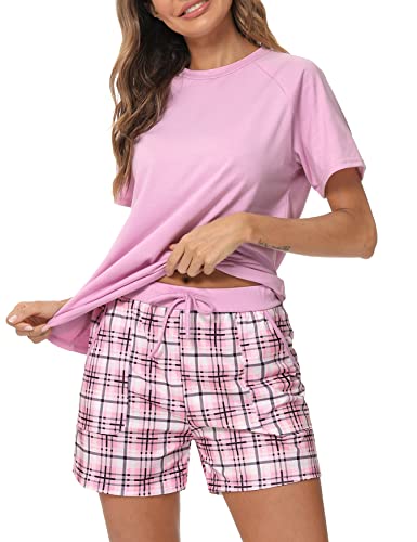 Uniexcosm Schlafanzug Damen Kurz Pyjama Set Baumwolle Zweiteiliger Kurzarm Nachtwäsche Raglanärmel Sleepwear und Karierte Pyjamahose Loungewear Hausanzug Stil 1:Rosa L von Uniexcosm