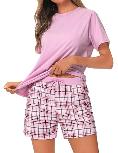 Uniexcosm Schlafanzug Damen Kurz Pyjama Set Baumwolle Zweiteiliger Kurzarm Nachtwäsche Raglanärmel Sleepwear und Karierte Pyjamahose Loungewear Hausanzug A:Rosa M von Uniexcosm