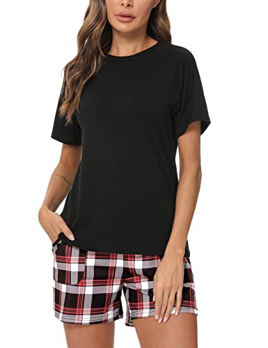 Uniexcosm Schlafanzug Damen Kurz Pyjama Set Baumwolle Zweiteiliger Kurzarm Nachtwäsche Raglanärmel Sleepwear und Karierte Pyjamahose Loungewear Hausanzug Stil 1:Schwarz XXL von Uniexcosm