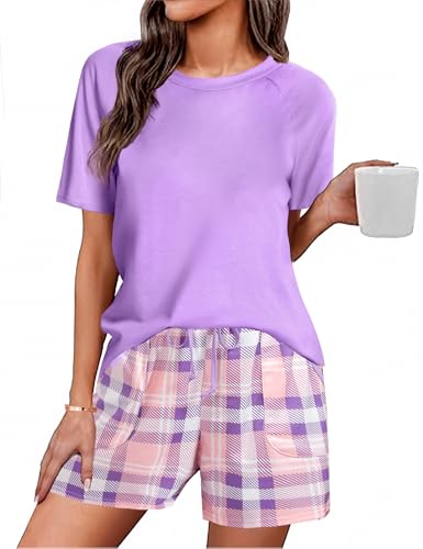 Uniexcosm Schlafanzug Damen Kurz Pyjama Set Baumwolle Zweiteiliger Kurzarm Nachtwäsche Raglanärmel Sleepwear und Karierte Pyjamahose Loungewear Hausanzug A:Violett L von Uniexcosm