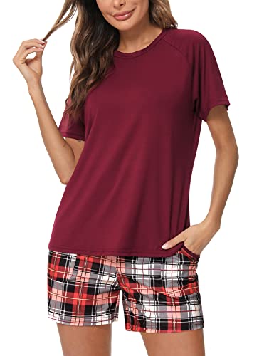 Uniexcosm Schlafanzug Damen Kurz Pyjama Set Baumwolle Zweiteiliger Kurzarm Nachtwäsche Raglanärmel Sleepwear und Karierte Pyjamahose Loungewear Hausanzug Stil 1:Weinrot L von Uniexcosm