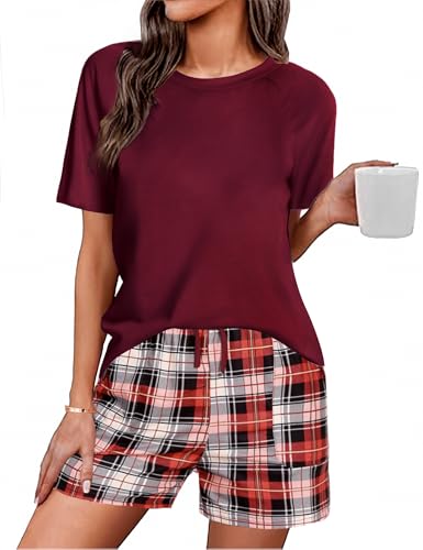 Uniexcosm Schlafanzug Damen Kurz Pyjama Set Baumwolle Zweiteiliger Kurzarm Nachtwäsche Raglanärmel Sleepwear und Karierte Pyjamahose Loungewear Hausanzug A:Weinrot L von Uniexcosm