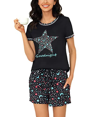 Uniexcosm Schlafanzug Damen Kurz Pyjama Set Baumwolle Zweiteiliger Nachtwäsche Kurzarm Rundhals Sternen und Mondmustern Sleepshirt und Pyjamahose Sleepwear Hausanzug Stil 2:Schwarz M von Uniexcosm