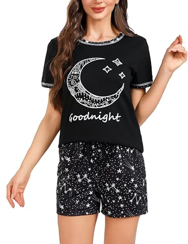 Uniexcosm Schlafanzug Damen Kurz Pyjama Set Baumwolle Zweiteiliger Nachtwäsche Kurzarm Rundhals Sternen und Mondmustern Sleepshirt und Pyjamahose Sleepwear Hausanzug Stil 2:Dunkelgrau L von Uniexcosm