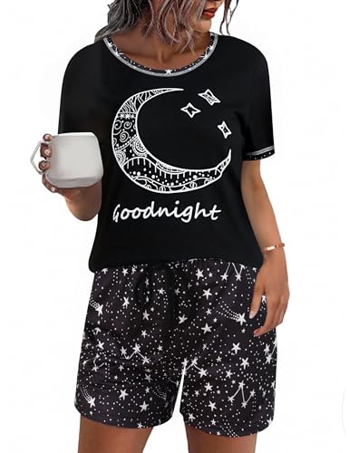 Uniexcosm Schlafanzug Damen Kurz Pyjama Set Baumwolle Zweiteiliger Nachtwäsche Kurzarm Rundhals Sternen und Mondmustern Sleepshirt und Pyjamahose Sleepwear Hausanzug Stil 2:Dunkelgrau XL von Uniexcosm