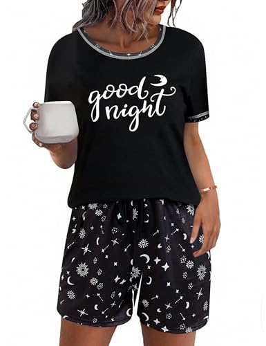 Uniexcosm Schlafanzug Damen Kurz Pyjama Set Baumwolle Zweiteiliger Nachtwäsche Kurzarm Rundhals Sternen und Mondmustern Sleepshirt und Pyjamahose Sleepwear Hausanzug Stil 2:Dunkelschwarz M von Uniexcosm