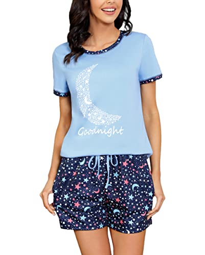 Uniexcosm Schlafanzug Damen Kurz Pyjama Set Baumwolle Zweiteiliger Nachtwäsche Kurzarm Rundhals Sternen und Mondmustern Sleepshirt und Pyjamahose Sleepwear Hausanzug Stil 2:Himmelblau M von Uniexcosm