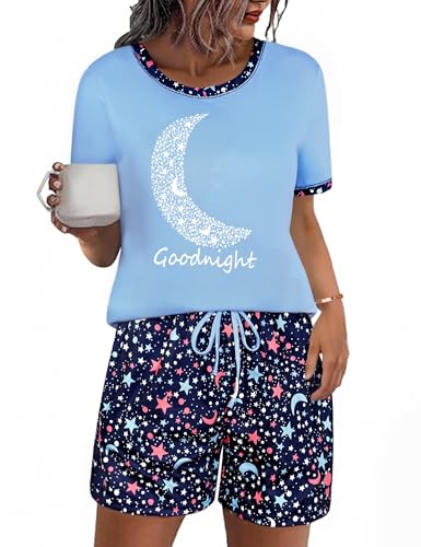 Uniexcosm Schlafanzug Damen Kurz Pyjama Set Baumwolle Zweiteiliger Nachtwäsche Kurzarm Rundhals Sternen und Mondmustern Sleepshirt und Pyjamahose Sleepwear Hausanzug Stil 2:Himmelblau M von Uniexcosm