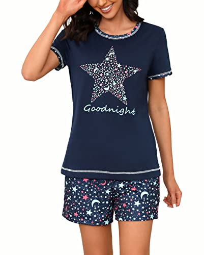 Uniexcosm Schlafanzug Damen Kurz Pyjama Set Baumwolle Zweiteiliger Nachtwäsche Kurzarm Rundhals Sternen und Mondmustern Sleepshirt und Pyjamahose Sleepwear Hausanzug Stil 2:Marineblau L von Uniexcosm