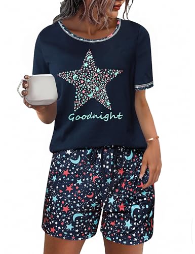 Uniexcosm Schlafanzug Damen Kurz Pyjama Set Baumwolle Zweiteiliger Nachtwäsche Kurzarm Rundhals Sternen und Mondmustern Sleepshirt und Pyjamahose Sleepwear Hausanzug Stil 2:Marineblau S von Uniexcosm