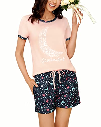 Uniexcosm Schlafanzug Damen Kurz Pyjama Set Baumwolle Zweiteiliger Nachtwäsche Kurzarm Rundhals Sternen und Mondmustern Sleepshirt und Pyjamahose Sleepwear Hausanzug Stil 2:Rosa L von Uniexcosm