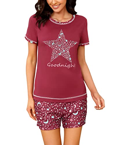 Uniexcosm Schlafanzug Damen Kurz Pyjama Set Baumwolle Zweiteiliger Nachtwäsche Kurzarm Rundhals Sternen und Mondmustern Sleepshirt und Pyjamahose Sleepwear Hausanzug Stil 2:Weinrot L von Uniexcosm