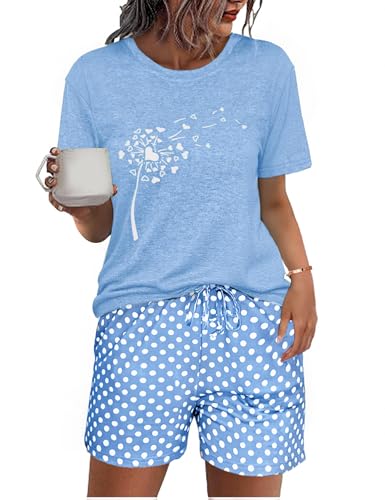Uniexcosm Schlafanzug Damen Kurz Zweiteiler Pyjama Set Baumwolle Nachtwäsche Löwenzahnmuster Oberteil und Polka Dot Schlafshort Sleepshirt für Sommer Himmelblau S von Uniexcosm