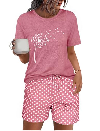 Uniexcosm Schlafanzug Damen Kurz Zweiteiler Pyjama Set Baumwolle Nachtwäsche Löwenzahnmuster Oberteil und Polka Dot Schlafshort Sleepshirt für Sommer Rosa XXL von Uniexcosm