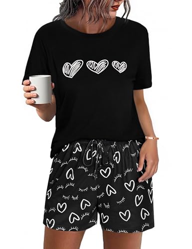 Uniexcosm Schlafanzug Damen Kurz Zweiteiler Pyjama Set Baumwolle Nachtwäsche Löwenzahnmuster Oberteil und Polka Dot Schlafshort Sleepshirt für Sommer Schwarz-2 XXL von Uniexcosm