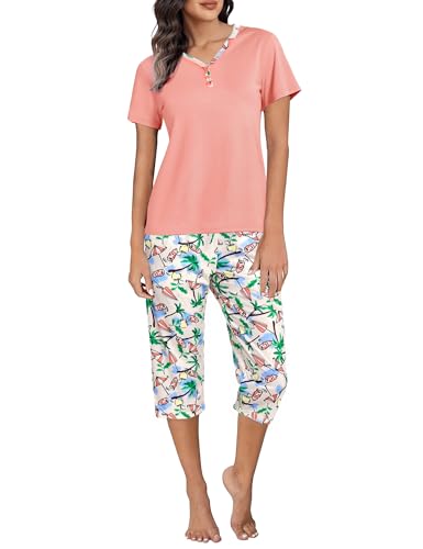 Uniexcosm Schlafanzug Damen Kurz Zweiteiliger Pyjama Set Kurzarm Nachtwäsche Baumwolle Oberteil und 3/4 Hose Sleepwear B:PAT1 M von Uniexcosm