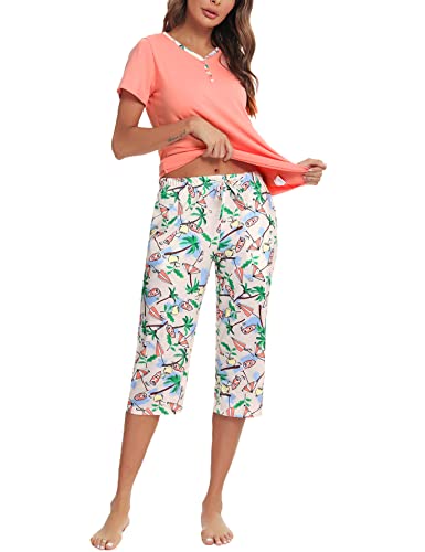Uniexcosm Schlafanzug Damen Kurz Zweiteiliger Pyjama Set Kurzarm Nachtwäsche Baumwolle Oberteil und 3/4 Hose Sleepwear B:PAT1 S von Uniexcosm
