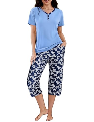 Uniexcosm Schlafanzug Damen Kurz Zweiteiliger Pyjama Set Kurzarm Nachtwäsche Baumwolle Oberteil und 3/4 Hose Sleepwear B:PAT2 XXL von Uniexcosm