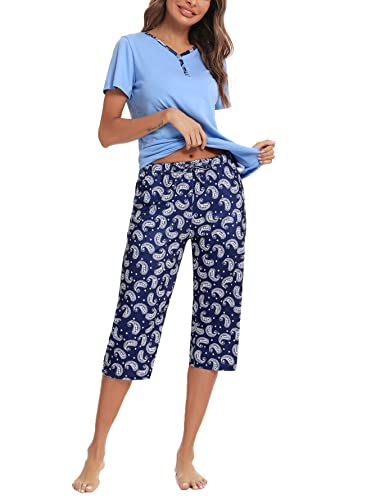 Uniexcosm Schlafanzug Damen Kurz Zweiteiliger Pyjama Set Kurzarm Nachtwäsche Baumwolle Oberteil und 3/4 Hose Sleepwear B:PAT2 von Uniexcosm