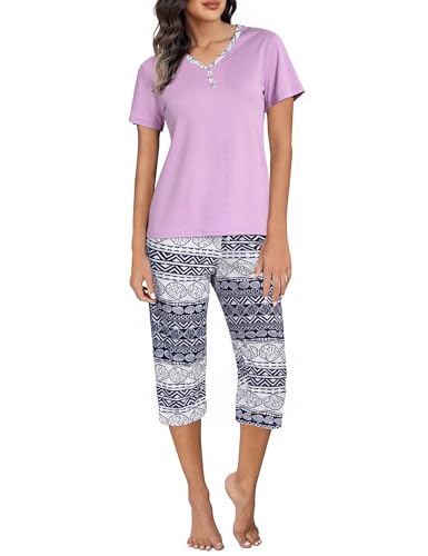 Uniexcosm Schlafanzug Damen Kurz Zweiteiliger Pyjama Set Kurzarm Nachtwäsche Baumwolle Oberteil und 3/4 Hose Sleepwear B:PAT3 S von Uniexcosm