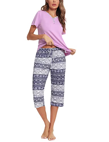 Uniexcosm Schlafanzug Damen Kurz Zweiteiliger Pyjama Set Kurzarm Nachtwäsche Baumwolle Oberteil und 3/4 Hose Sleepwear B:PAT3 von Uniexcosm