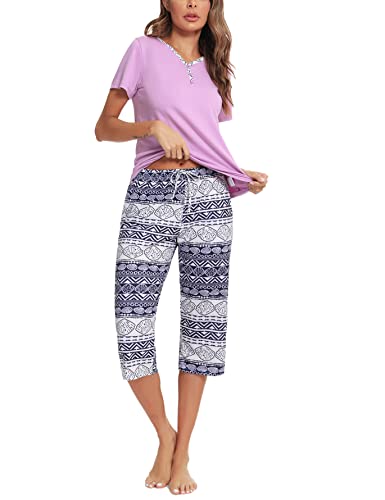 Uniexcosm Schlafanzug Damen Kurz Zweiteiliger Pyjama Set Kurzarm Nachtwäsche Baumwolle Oberteil und 3/4 Hose Sleepwear B:PAT3 L von Uniexcosm
