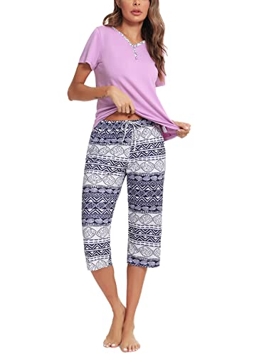Uniexcosm Schlafanzug Damen Kurz Zweiteiliger Pyjama Set Kurzarm Nachtwäsche Baumwolle Oberteil und 3/4 Hose Sleepwear B:PAT3 XL von Uniexcosm