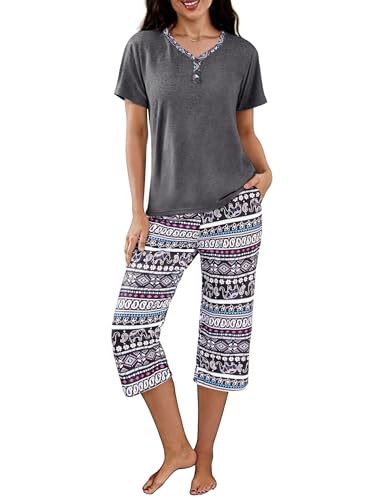 Uniexcosm Schlafanzug Damen Kurz Zweiteiliger Pyjama Set Kurzarm Nachtwäsche Baumwolle Oberteil und 3/4 Hose Sleepwear B:PAT4 XXL von Uniexcosm