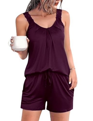 Uniexcosm Schlafanzug Damen Kurz Zweiteiliger Sommer Ärmellos Spitzenträger Pyjama Shorty Baumwolle V-Ausschnitt Shirt und Schlafshort Sexy Sleepshirt für Frauen B:Dunkelfuchsia S von Uniexcosm