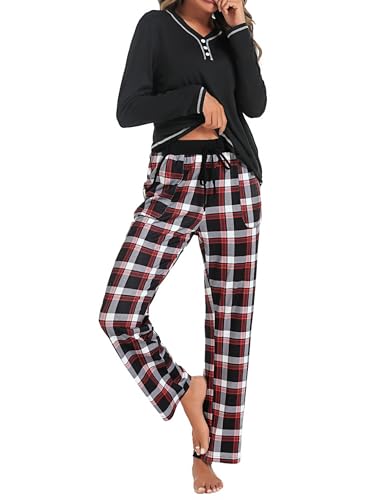 Uniexcosm Schlafanzug Damen Lang Baumwolle Pyjama Set Zweiteiliger Nachtwäsche Set V-Ausschnitt Sleepwear und Karierte Pyjamahose Hausanzug Freizeitanzug Loungewear Stil 2:PAT M von Uniexcosm
