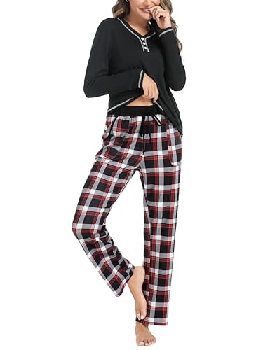 Uniexcosm Schlafanzug Damen Lang Baumwolle Pyjama Set Zweiteiliger Nachtwäsche Set V-Ausschnitt Sleepwear und Karierte Pyjamahose Hausanzug Freizeitanzug Loungewear Stil 2:PAT S von Uniexcosm