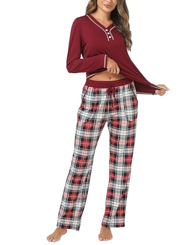 Uniexcosm Schlafanzug Damen Lang Baumwolle Pyjama Set Zweiteiliger Nachtwäsche Set V-Ausschnitt Sleepwear und Karierte Pyjamahose Hausanzug Freizeitanzug Loungewear Stil 2:PAT1 L von Uniexcosm