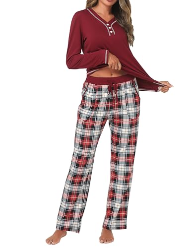 Uniexcosm Schlafanzug Damen Lang Baumwolle Pyjama Set Zweiteiliger Nachtwäsche Set V-Ausschnitt Sleepwear und Karierte Pyjamahose Hausanzug Freizeitanzug Loungewear Stil 2:PAT1 S von Uniexcosm
