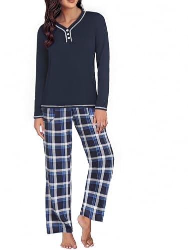 Uniexcosm Schlafanzug Damen Lang Baumwolle Pyjama Set Zweiteiliger Nachtwäsche Set V-Ausschnitt Sleepwear und Karierte Pyjamahose Hausanzug Freizeitanzug Loungewear Stil 2:PAT2 XXL von Uniexcosm