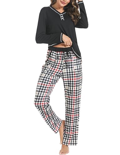 Uniexcosm Schlafanzug Damen Lang Baumwolle Pyjama Set Zweiteiliger Nachtwäsche Set V-Ausschnitt Sleepwear und Karierte Pyjamahose Hausanzug Freizeitanzug Loungewear Stil 2:PAT3 L von Uniexcosm