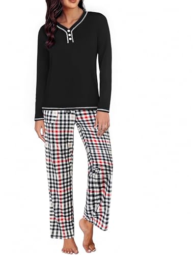 Uniexcosm Schlafanzug Damen Lang Baumwolle Pyjama Set Zweiteiliger Nachtwäsche Set V-Ausschnitt Sleepwear und Karierte Pyjamahose Hausanzug Freizeitanzug Loungewear Stil 2:PAT3 S von Uniexcosm