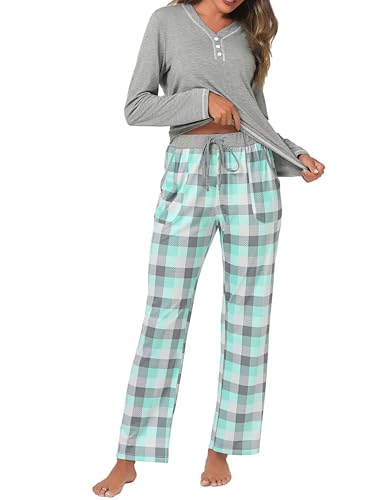 Uniexcosm Schlafanzug Damen Lang Baumwolle Pyjama Set Zweiteiliger Nachtwäsche Set V-Ausschnitt Sleepwear und Karierte Pyjamahose Hausanzug Freizeitanzug Loungewear Stil 2:PAT4 XL von Uniexcosm