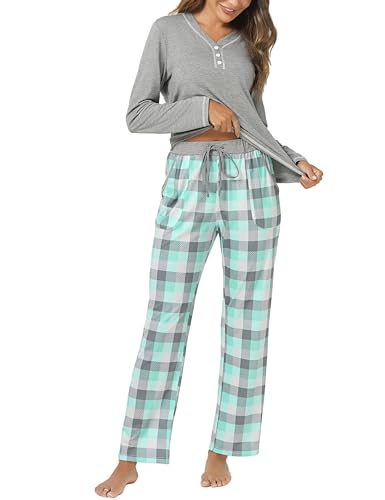 Uniexcosm Schlafanzug Damen Lang Baumwolle Pyjama Set Zweiteiliger Nachtwäsche Set V-Ausschnitt Sleepwear und Karierte Pyjamahose Hausanzug Freizeitanzug Loungewear Stil 2:PAT4 XXL von Uniexcosm