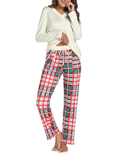 Uniexcosm Schlafanzug Damen Lang Baumwolle Pyjama Set Zweiteiliger Nachtwäsche Set V-Ausschnitt Sleepwear und Karierte Pyjamahose Hausanzug Freizeitanzug Loungewear Stil 2:PAT5 XL von Uniexcosm