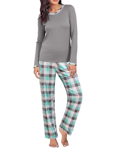 Uniexcosm Schlafanzug Damen Lang Pyjama Baumwolle Nachtwäsche Winter Schlafanzüge Rundhals Langarm Oberteil und Pyjamahose Loungewear PAT4 L von Uniexcosm