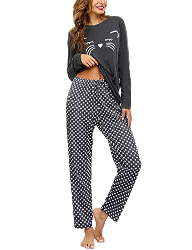 Uniexcosm Schlafanzug Damen Lang Pyjama Set Baumwolle Zweiteiliger Hausanzug Nachtwäsche mit Katzendruck und Polka Dot Schlafanzughose Loungewear Freizeitanzug Stil 1:Dunkelgrau S von Uniexcosm
