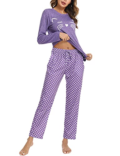 Uniexcosm Schlafanzug Damen Lang Pyjama Set Baumwolle Zweiteiliger Hausanzug Nachtwäsche mit Katzendruck und Polka Dot Schlafanzughose Loungewear Freizeitanzug Stil 1:Lila L von Uniexcosm