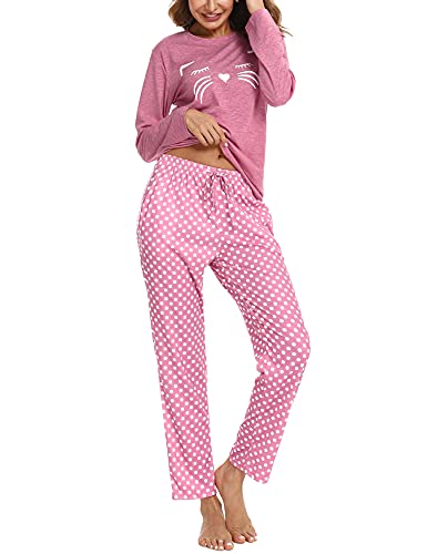 Uniexcosm Schlafanzug Damen Lang Pyjama Set Baumwolle Zweiteiliger Hausanzug Nachtwäsche mit Katzendruck und Polka Dot Schlafanzughose Loungewear Freizeitanzug Stil 1:Rosa S von Uniexcosm